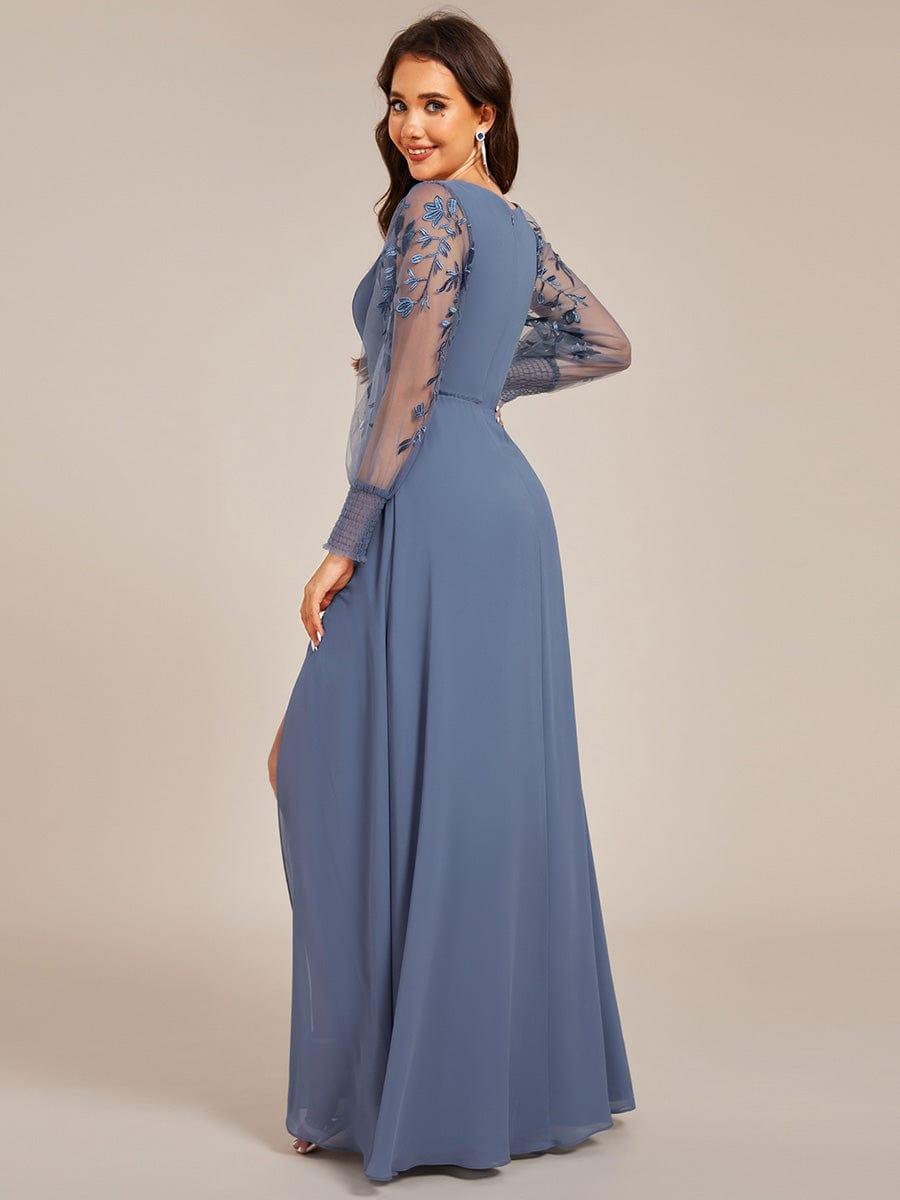 Robe de soirée transparente en mousseline à manches longues #Couleur_Marine Fume