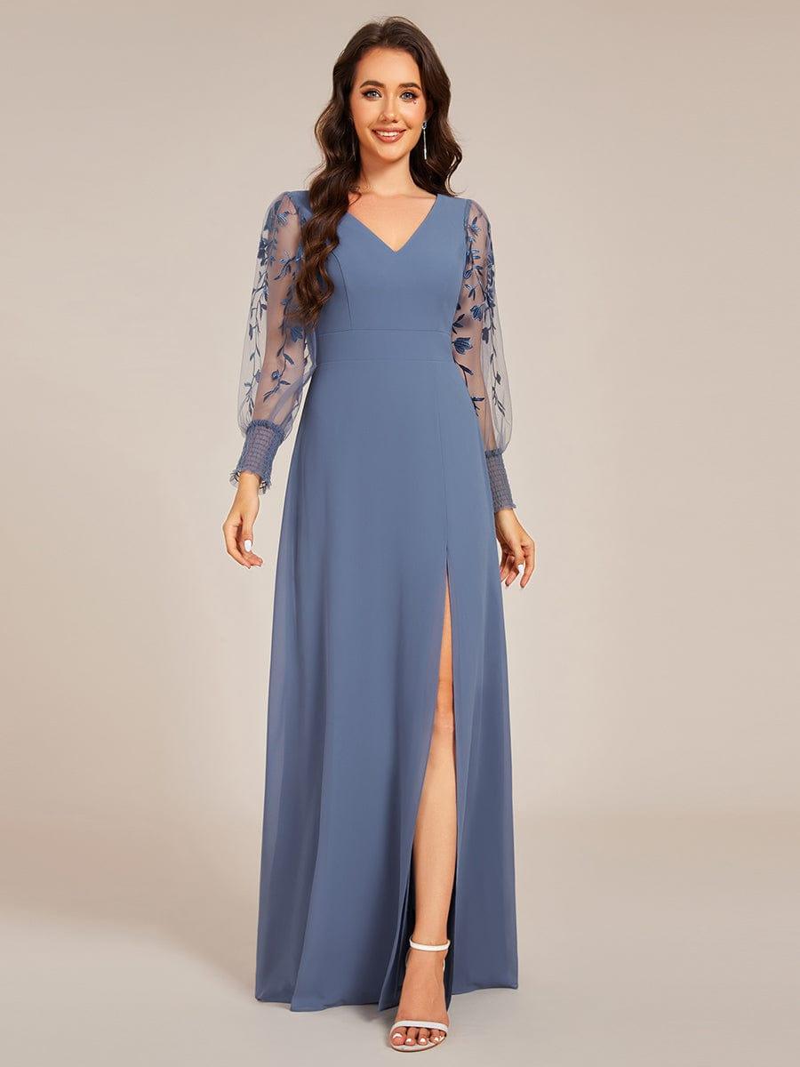Robe de soirée transparente en mousseline à manches longues #Couleur_Marine Fume