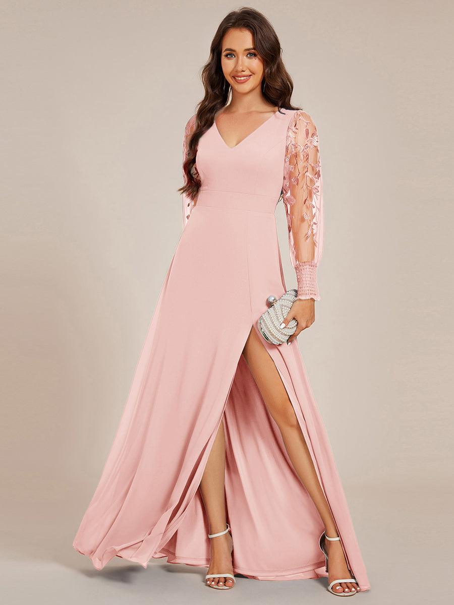 Robe de soirée transparente en mousseline à manches longues #Couleur_Rose