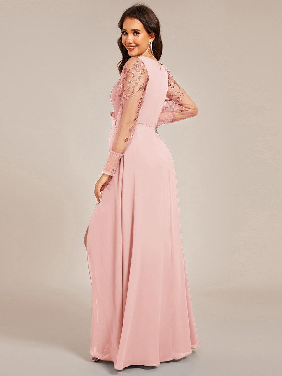 Robe de soirée transparente en mousseline à manches longues #Couleur_Rose