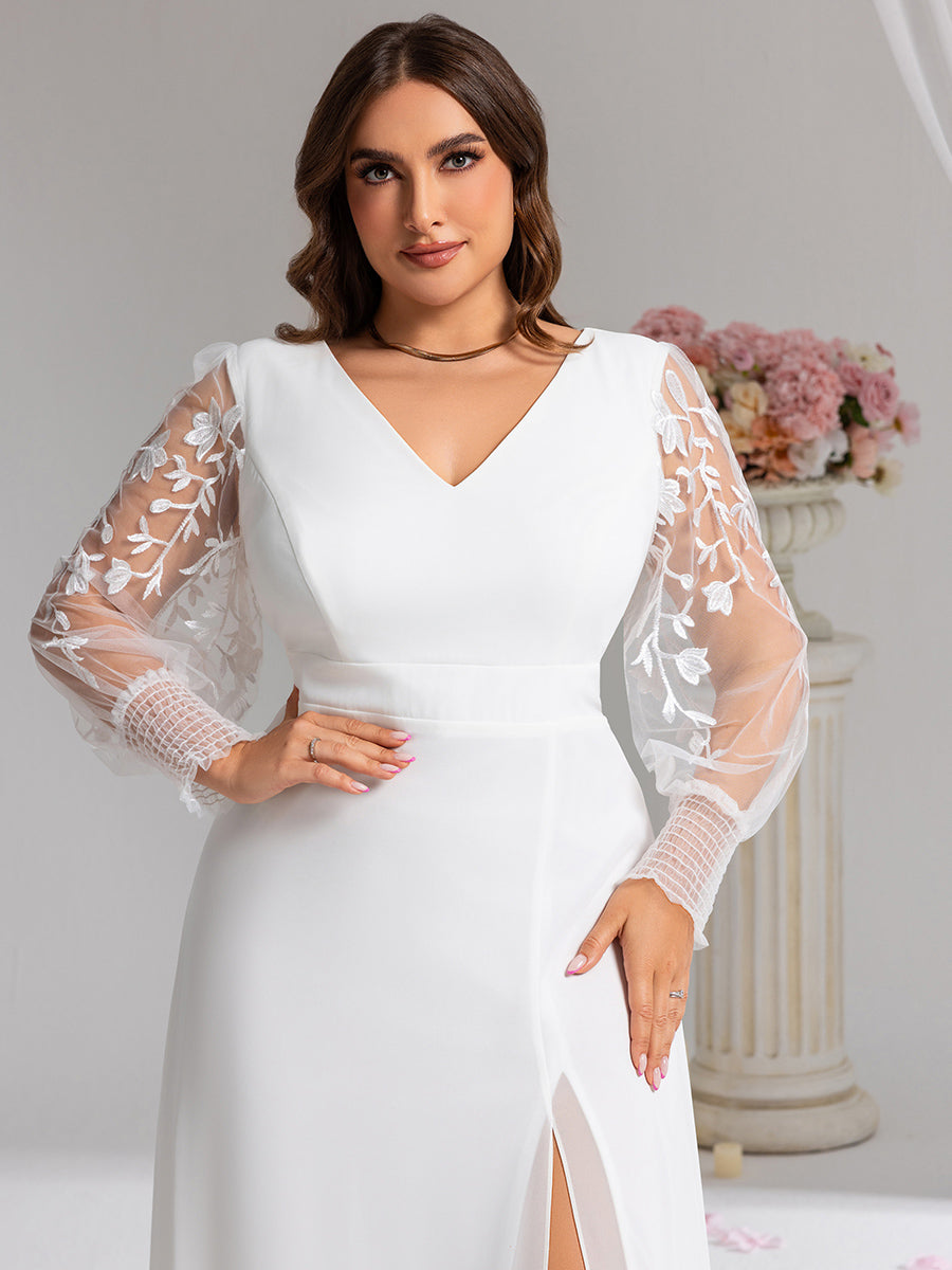 Robe D'invité De Mariage En Mousseline De Soie Mi-Longue Plissée à Manches à Volants Et Col En V  #Couleur_Blanc