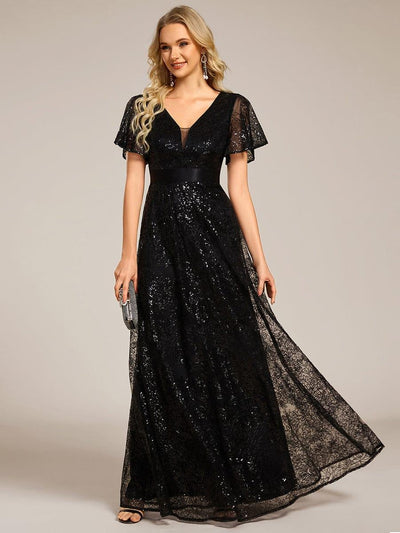 ever CORY|Robe longue de soirée à sequins et manches courtes à col en V Illusion(Vente finale)