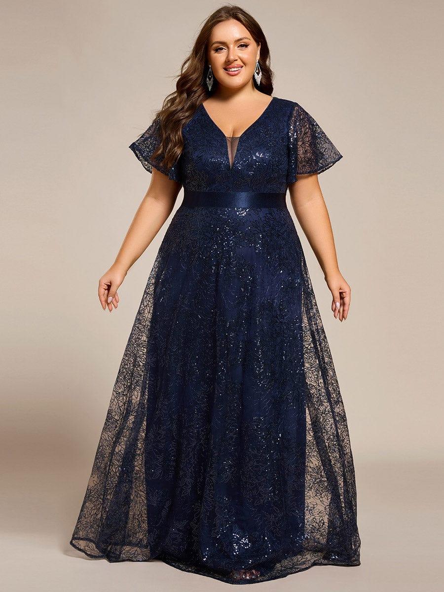 Robe de soirée longue à paillettes et manches courtes grande taille #Couleur_Bleu Marine