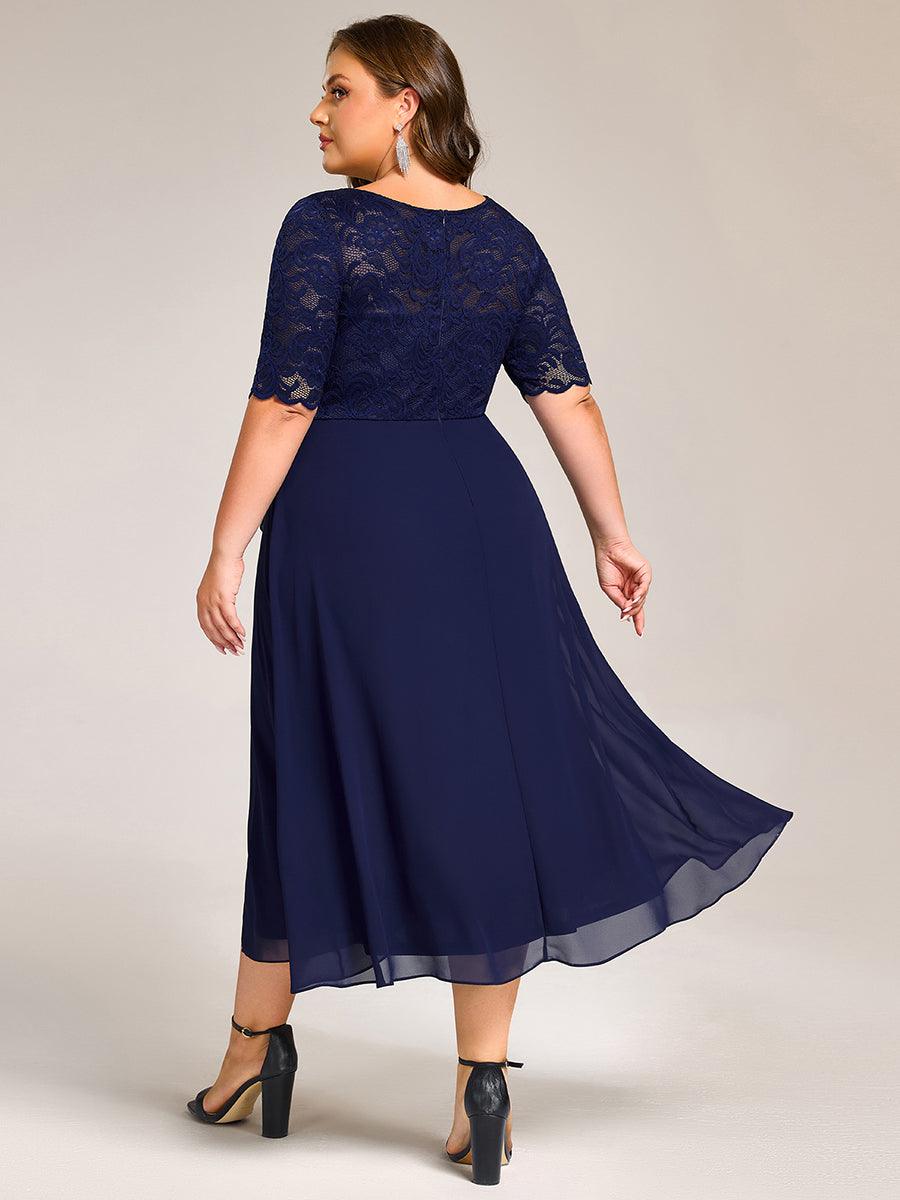 Robe de soirée trapèze fendue à manches courtes et col rond avec haut en dentelle grande taille #Couleur_Bleu Marine