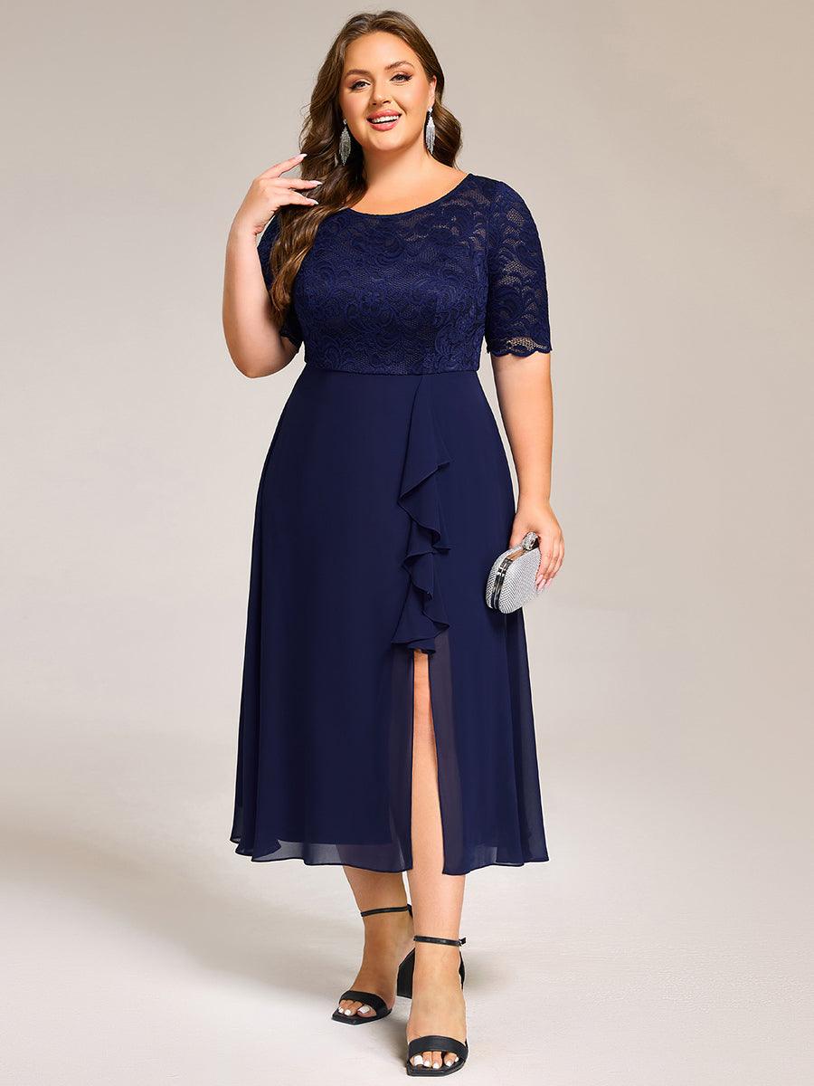 Robe de soirée trapèze fendue à manches courtes et col rond avec haut en dentelle grande taille #Couleur_Bleu Marine