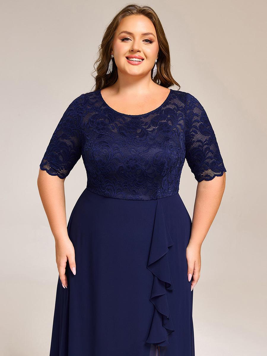 Robe de soirée trapèze fendue à manches courtes et col rond avec haut en dentelle grande taille #Couleur_Bleu Marine