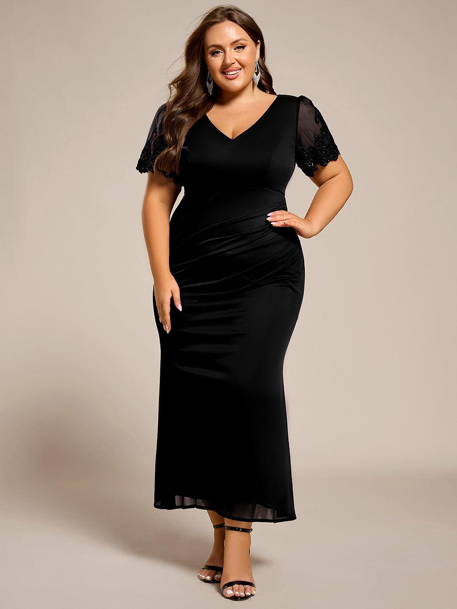 Robe de soirée grande taille à manches courtes et col en V avec perles #Couleur_Noir
