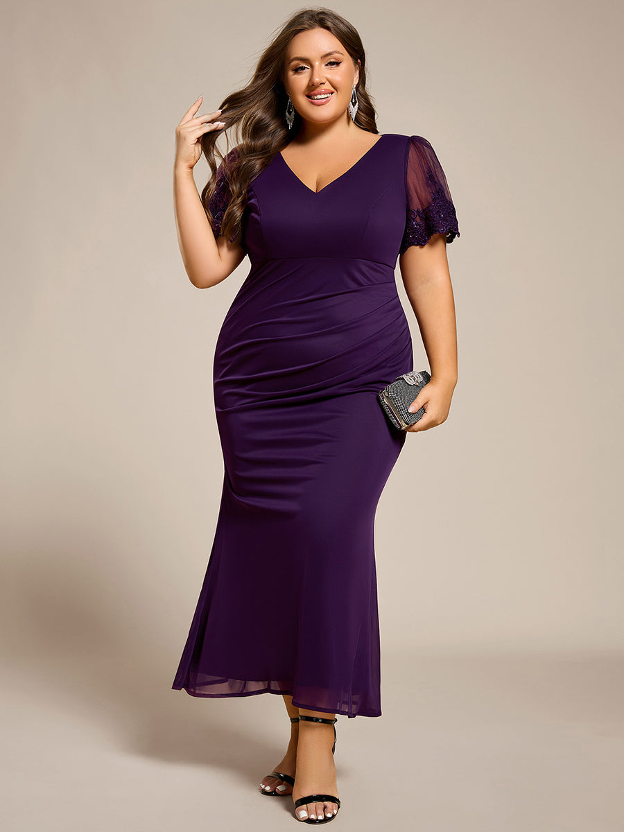 Robe de soirée grande taille à manches courtes et col en V avec perles #Couleur_Violet Fonce