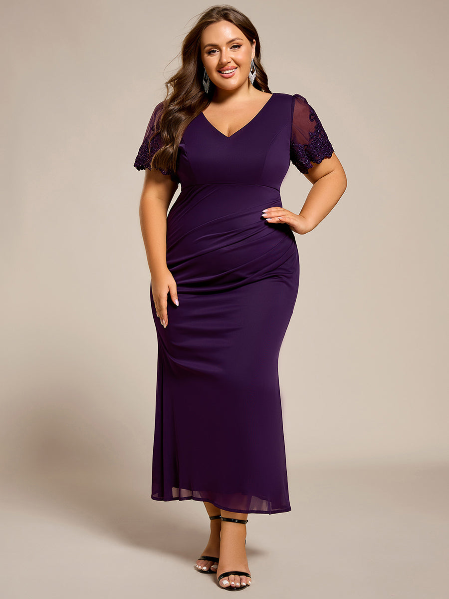 Robe de soirée grande taille à manches courtes et col en V avec perles #Couleur_Violet Fonce