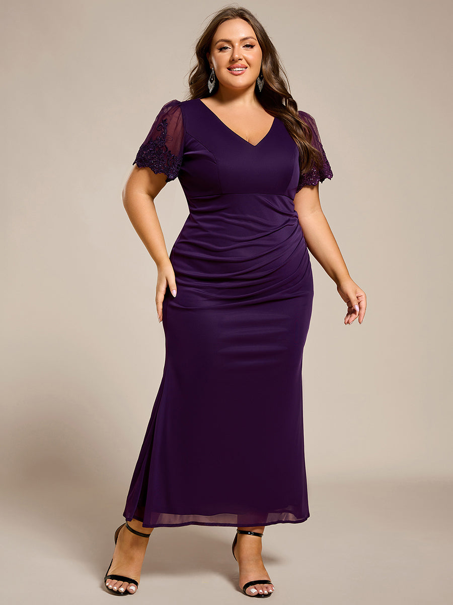 Robe de soirée grande taille à manches courtes et col en V avec perles #Couleur_Violet Fonce