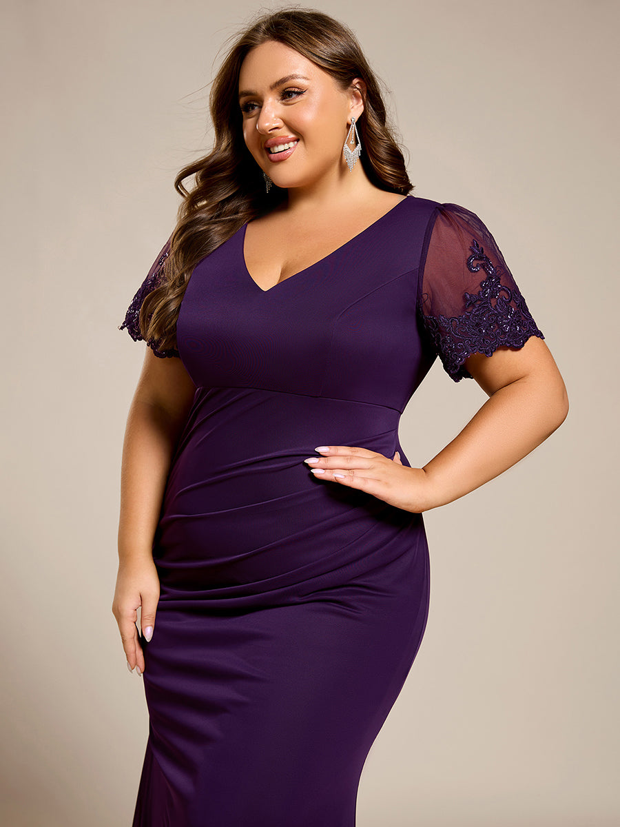 Robe de soirée grande taille à manches courtes et col en V avec perles #Couleur_Violet Fonce