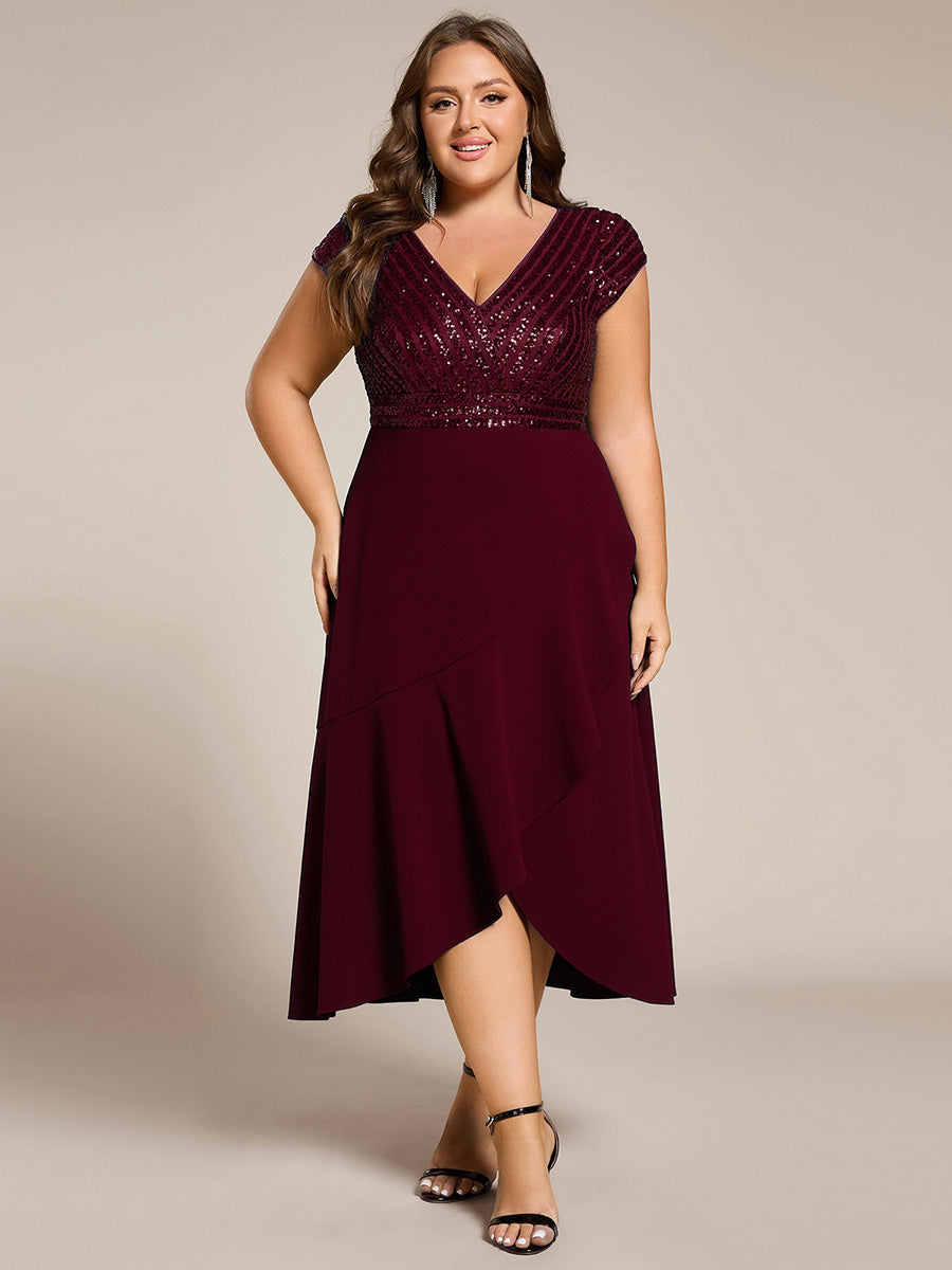 Robe de soirée mi-longue à manches courtes en mousseline asymétrique à sequins #Couleur_Bordeaux