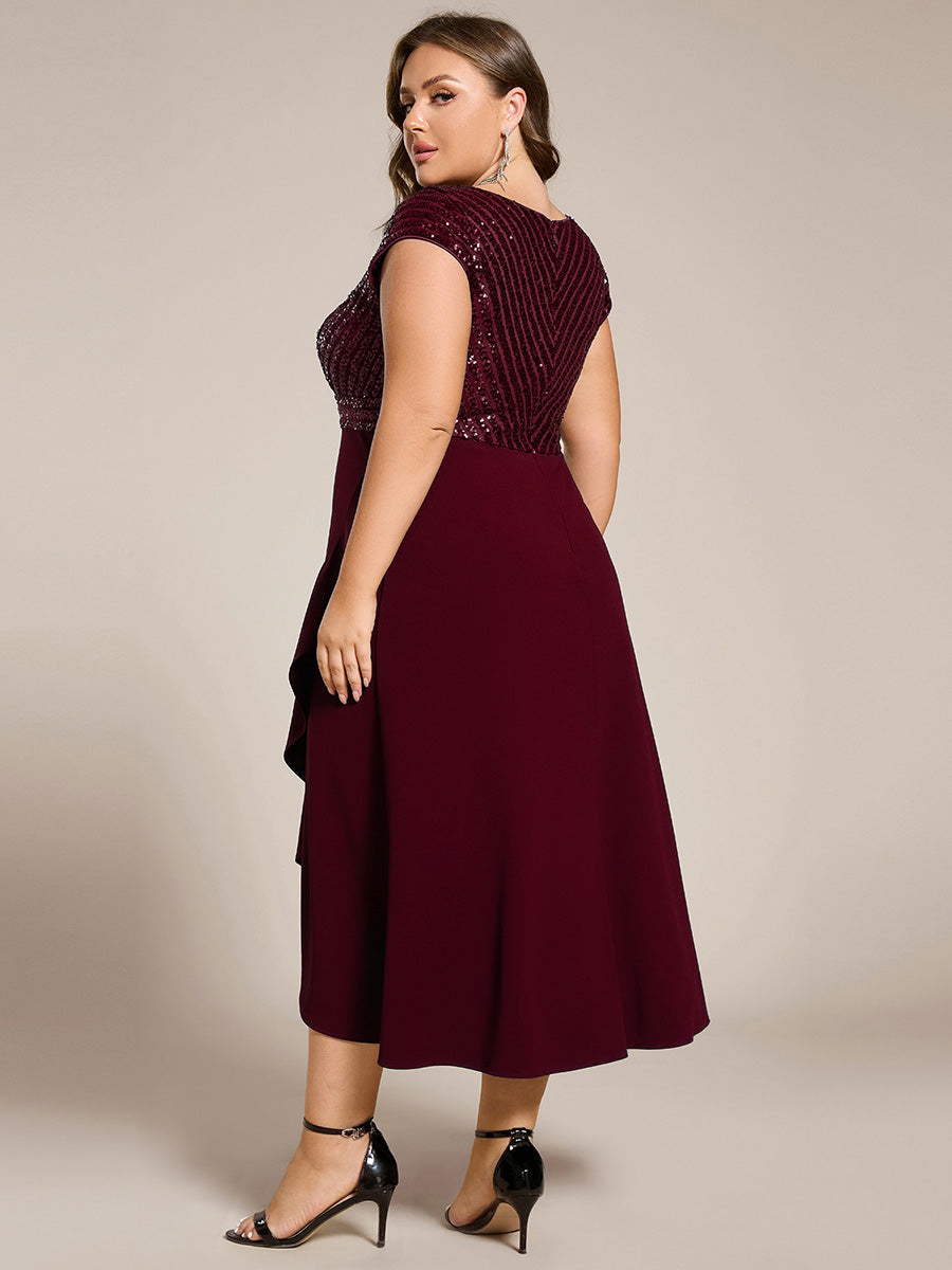 Robe de soirée mi-longue à manches courtes en mousseline asymétrique à sequins #Couleur_Bordeaux