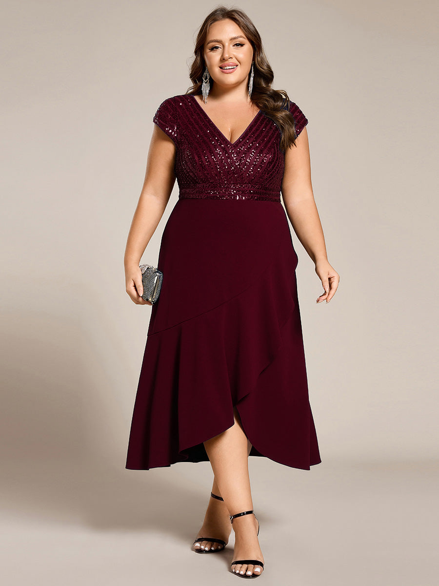 Robe de soirée mi-longue à manches courtes en mousseline asymétrique à sequins #Couleur_Bordeaux