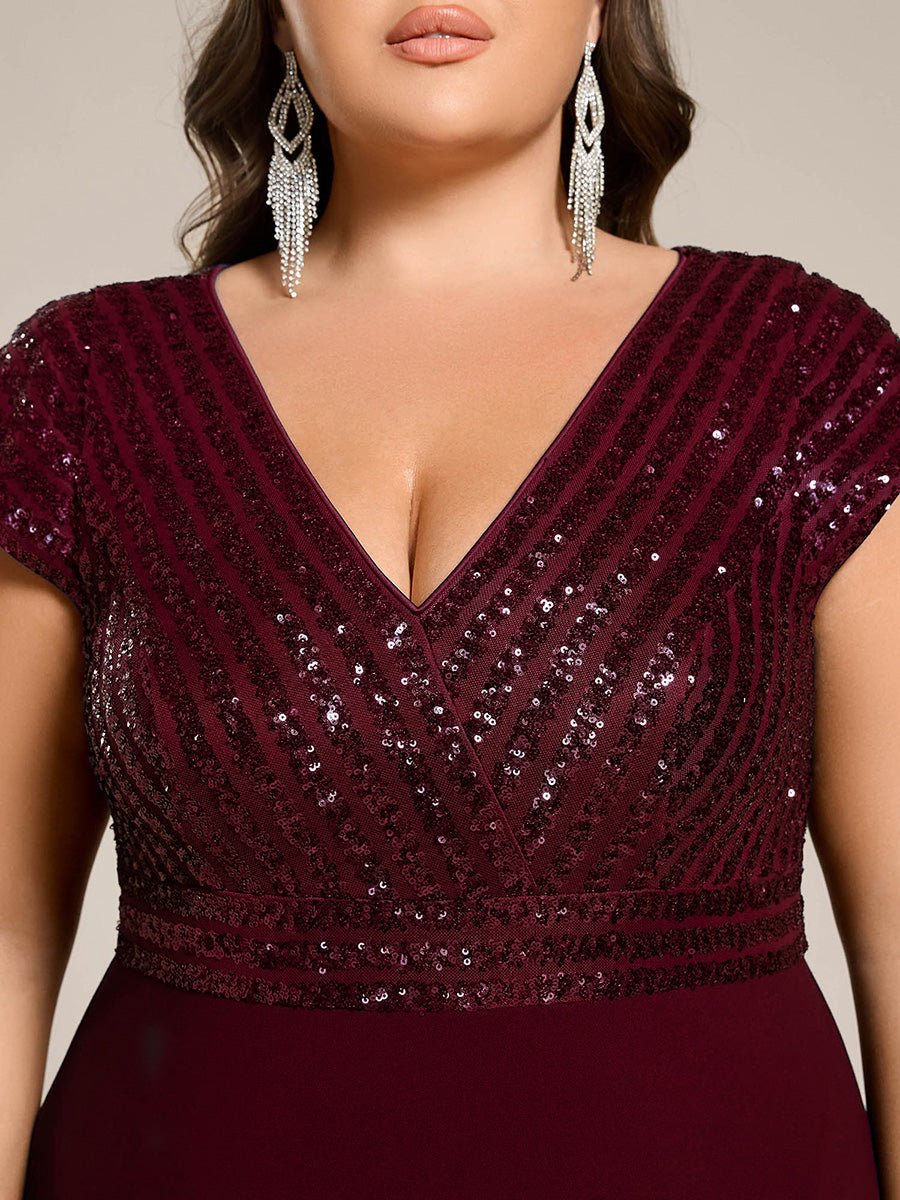 Robe de soirée mi-longue à manches courtes en mousseline asymétrique à sequins #Couleur_Bordeaux