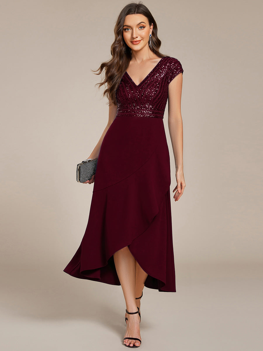 Robe de soirée mi-longue à manches courtes en mousseline asymétrique à sequins #Couleur_Bordeaux