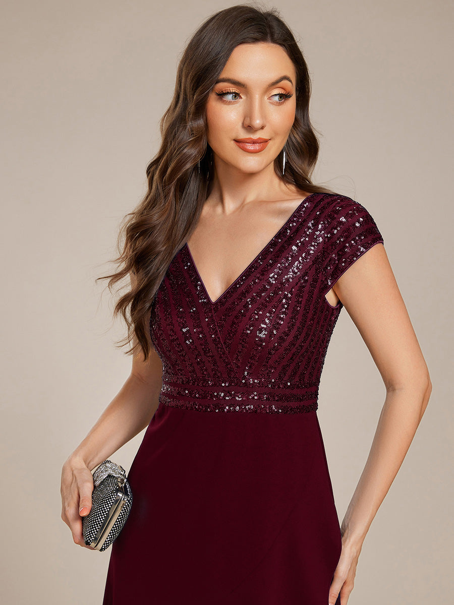 Robe de soirée mi-longue à manches courtes en mousseline asymétrique à sequins #Couleur_Bordeaux