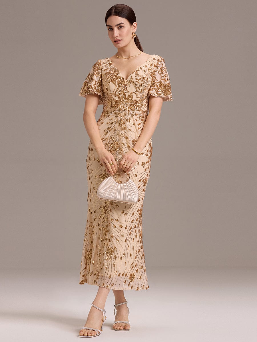Robe d'invité de mariage trapèze en mousseline fluide à encolure ronde et longueur au genou #Couleur_Or