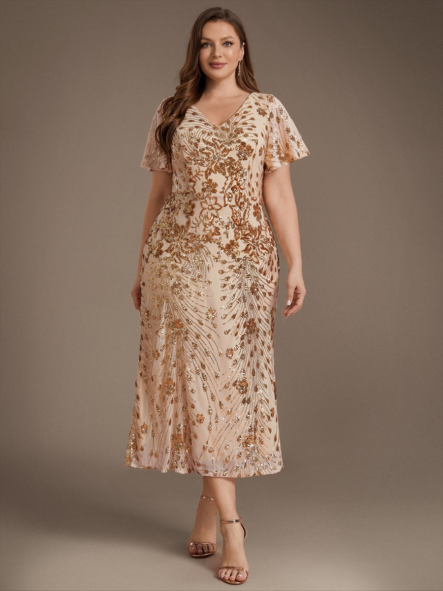 Robe d'invité de mariage trapèze en mousseline fluide à encolure ronde et longueur au genou #Couleur_Dorée