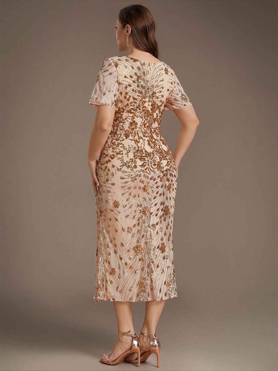 Robe d'invité de mariage trapèze en mousseline fluide à encolure ronde et longueur au genou #Couleur_Dorée