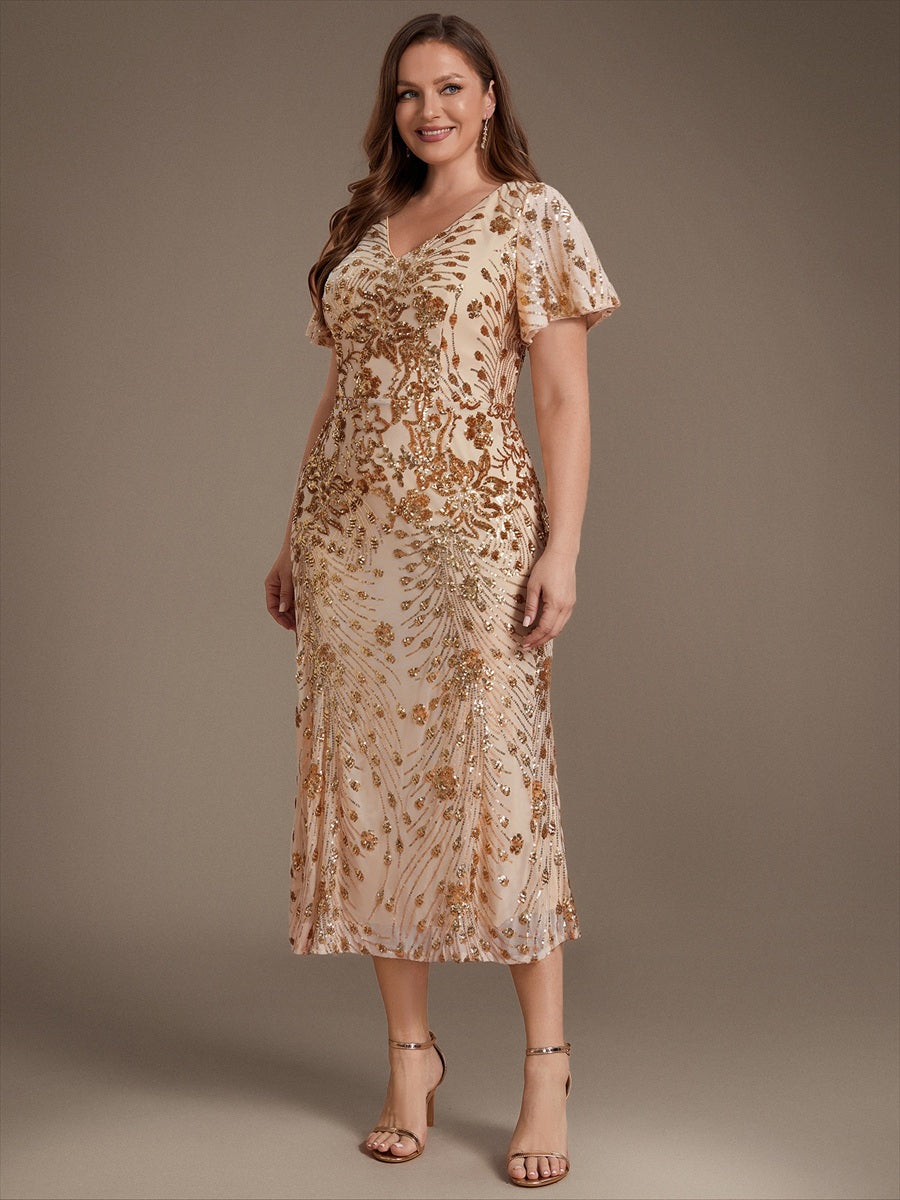 Robe d'invité de mariage trapèze en mousseline fluide à encolure ronde et longueur au genou #Couleur_Dorée