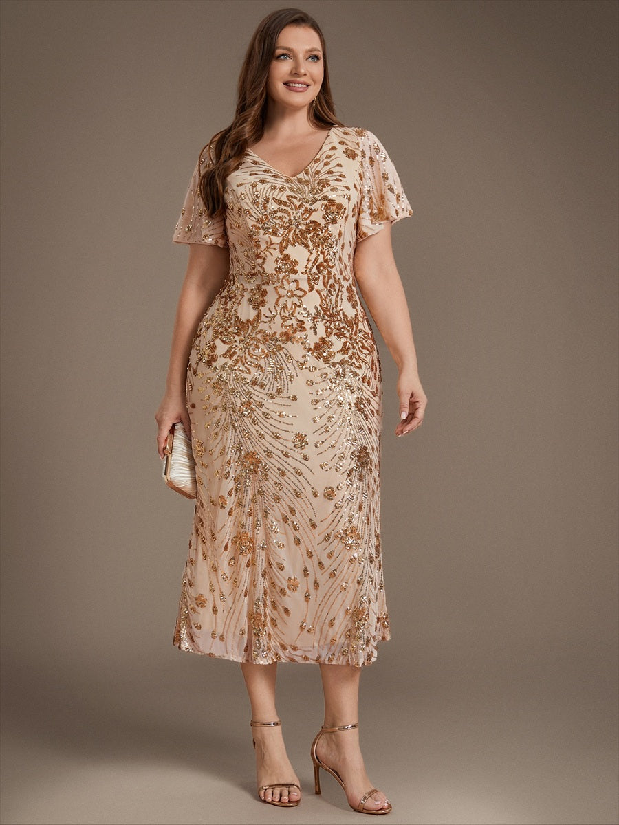Robe d'invité de mariage trapèze en mousseline fluide à encolure ronde et longueur au genou #Couleur_Dorée