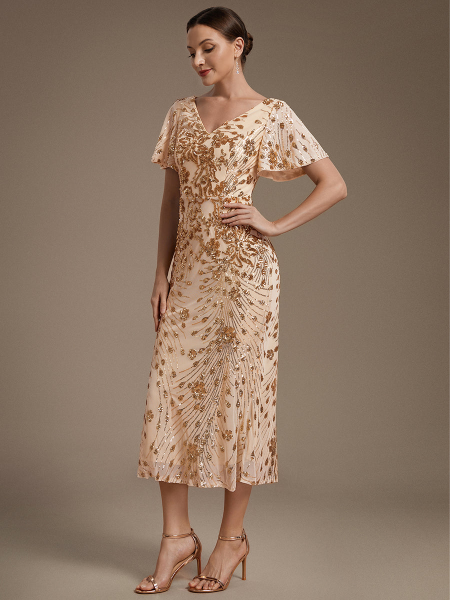 Robe d'invité de mariage trapèze en mousseline fluide à encolure ronde et longueur au genou #Couleur_Dorée