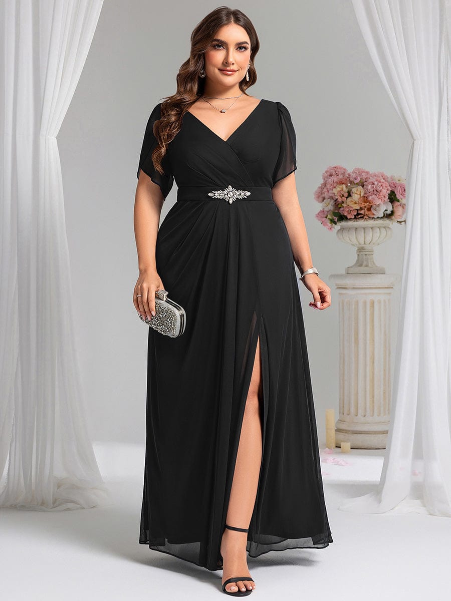 Robe D'invité De Mariage En Mousseline De Soie Mi-Longue Plissée à Manches à Volants Et Col En V  #Couleur_Noir