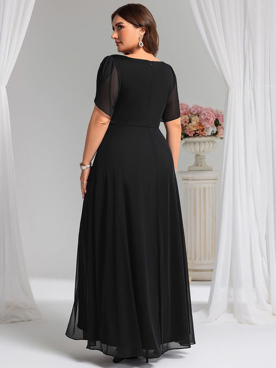 Robe D'invité De Mariage En Mousseline De Soie Mi-Longue Plissée à Manches à Volants Et Col En V  #Couleur_Noir