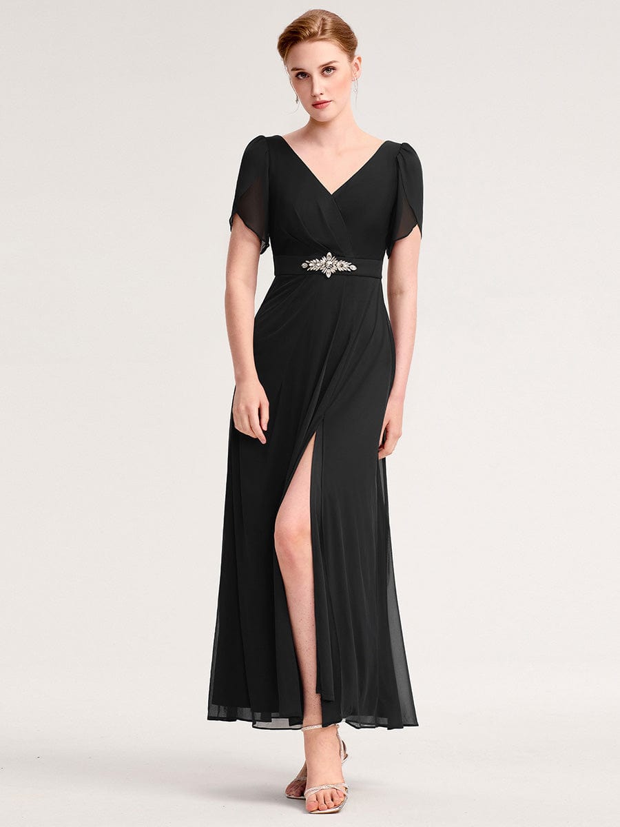 Robe D'invité De Mariage En Mousseline De Soie Mi-Longue Plissée à Manches à Volants Et Col En V  #Couleur_Noir