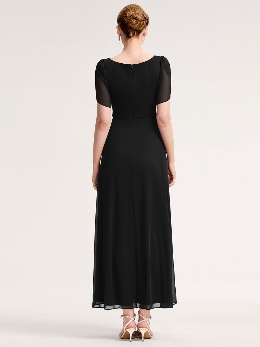 Robe D'invité De Mariage En Mousseline De Soie Mi-Longue Plissée à Manches à Volants Et Col En V  #Couleur_Noir