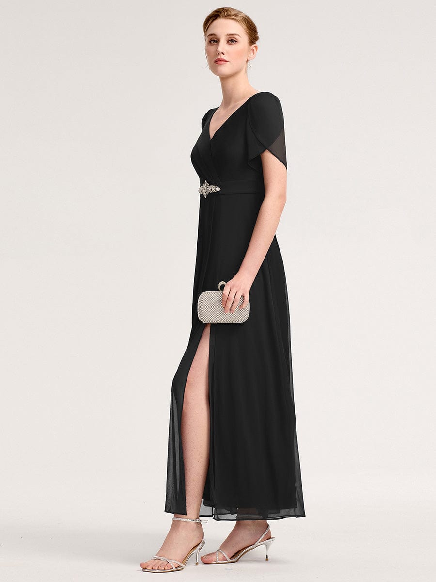 Robe D'invité De Mariage En Mousseline De Soie Mi-Longue Plissée à Manches à Volants Et Col En V  #Couleur_Noir