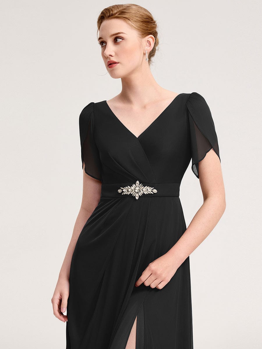Robe D'invité De Mariage En Mousseline De Soie Mi-Longue Plissée à Manches à Volants Et Col En V  #Couleur_Noir