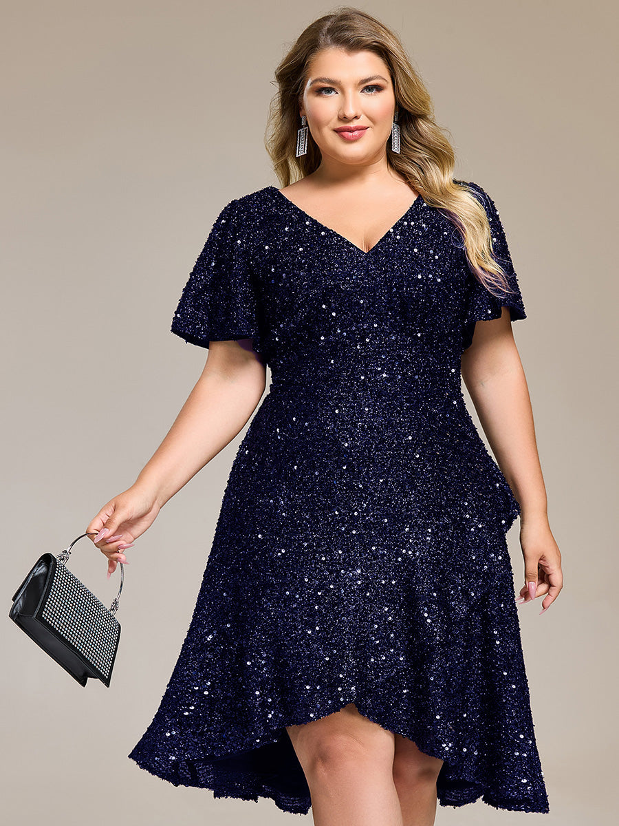 Robe d'invité de mariage trapèze en mousseline fluide à encolure ronde et longueur au genou #Couleur_Bleu Marine