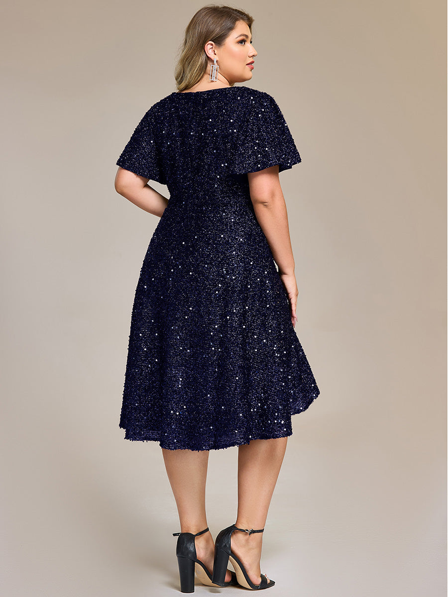 Robe d'invité de mariage trapèze en mousseline fluide à encolure ronde et longueur au genou #Couleur_Bleu Marine