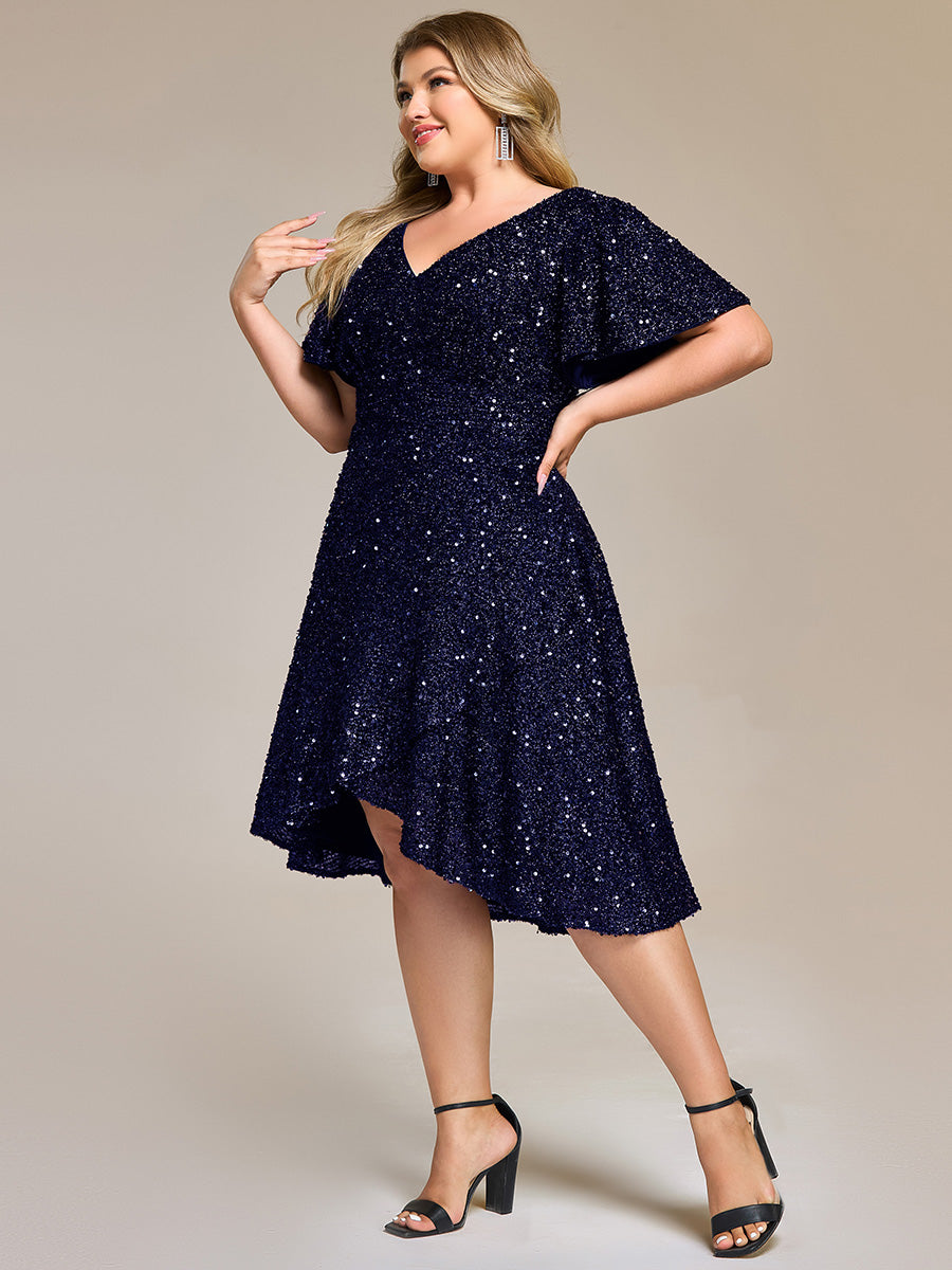 Robe d'invité de mariage trapèze en mousseline fluide à encolure ronde et longueur au genou #Couleur_Bleu Marine