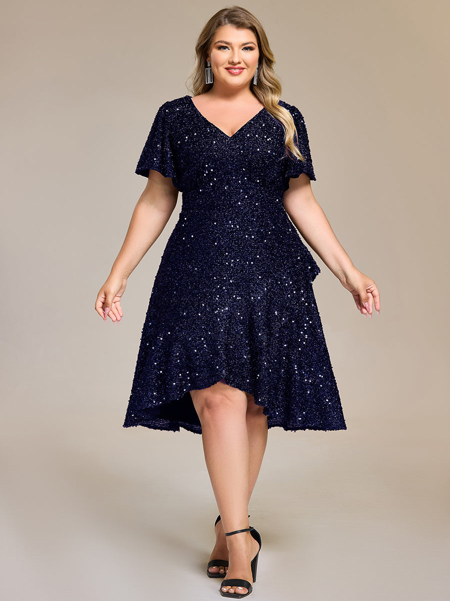 Robe d'invité de mariage trapèze en mousseline fluide à encolure ronde et longueur au genou #Couleur_Bleu Marine
