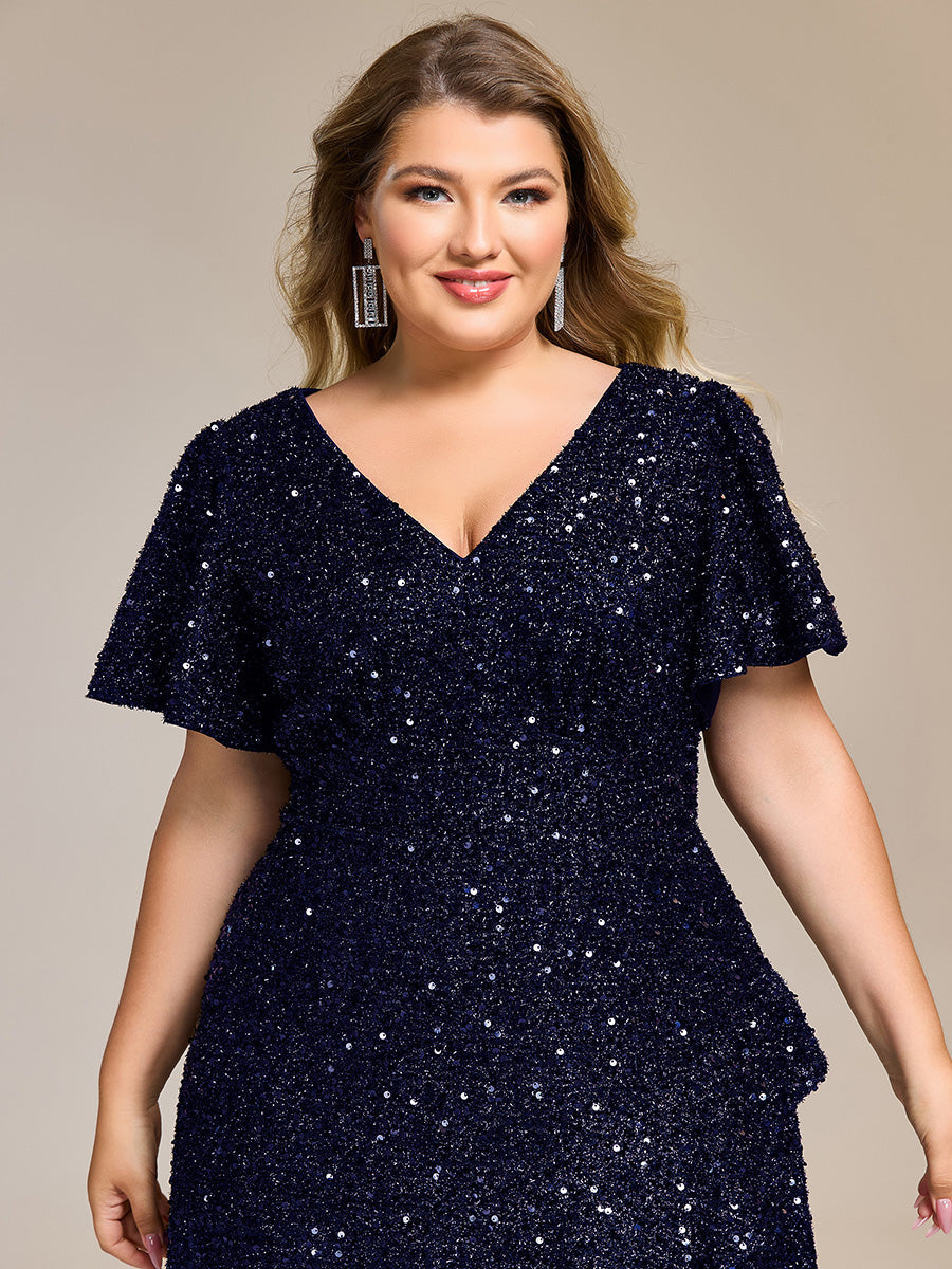 Robe d'invité de mariage trapèze en mousseline fluide à encolure ronde et longueur au genou #Couleur_Bleu Marine