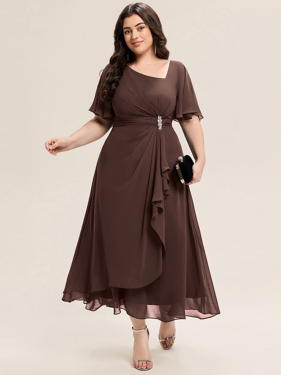 Robe de soirée mi-longue en mousseline de soie à manches courtes #Couleur_Marron chocolat