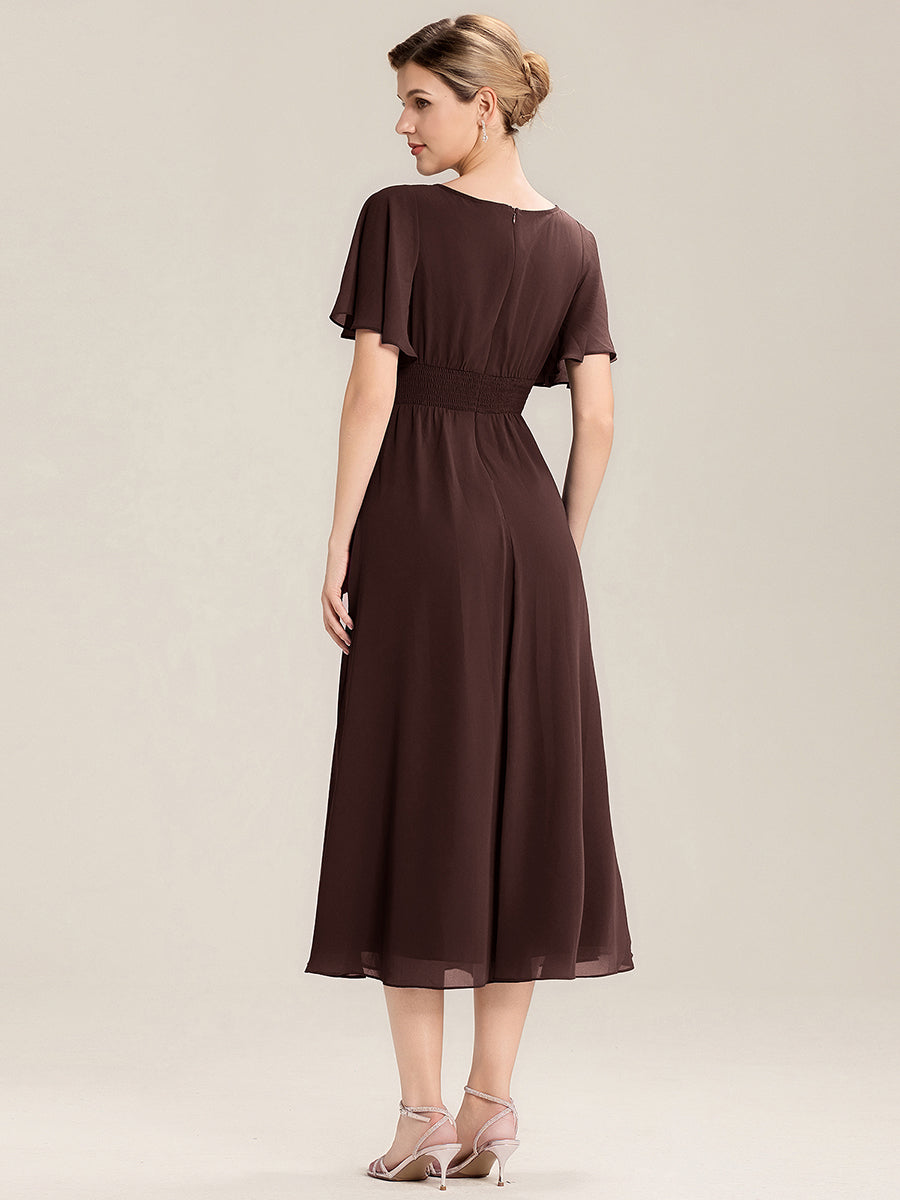 Robe de soirée mi-longue en mousseline de soie à manches courtes #Couleur_Marron chocolat