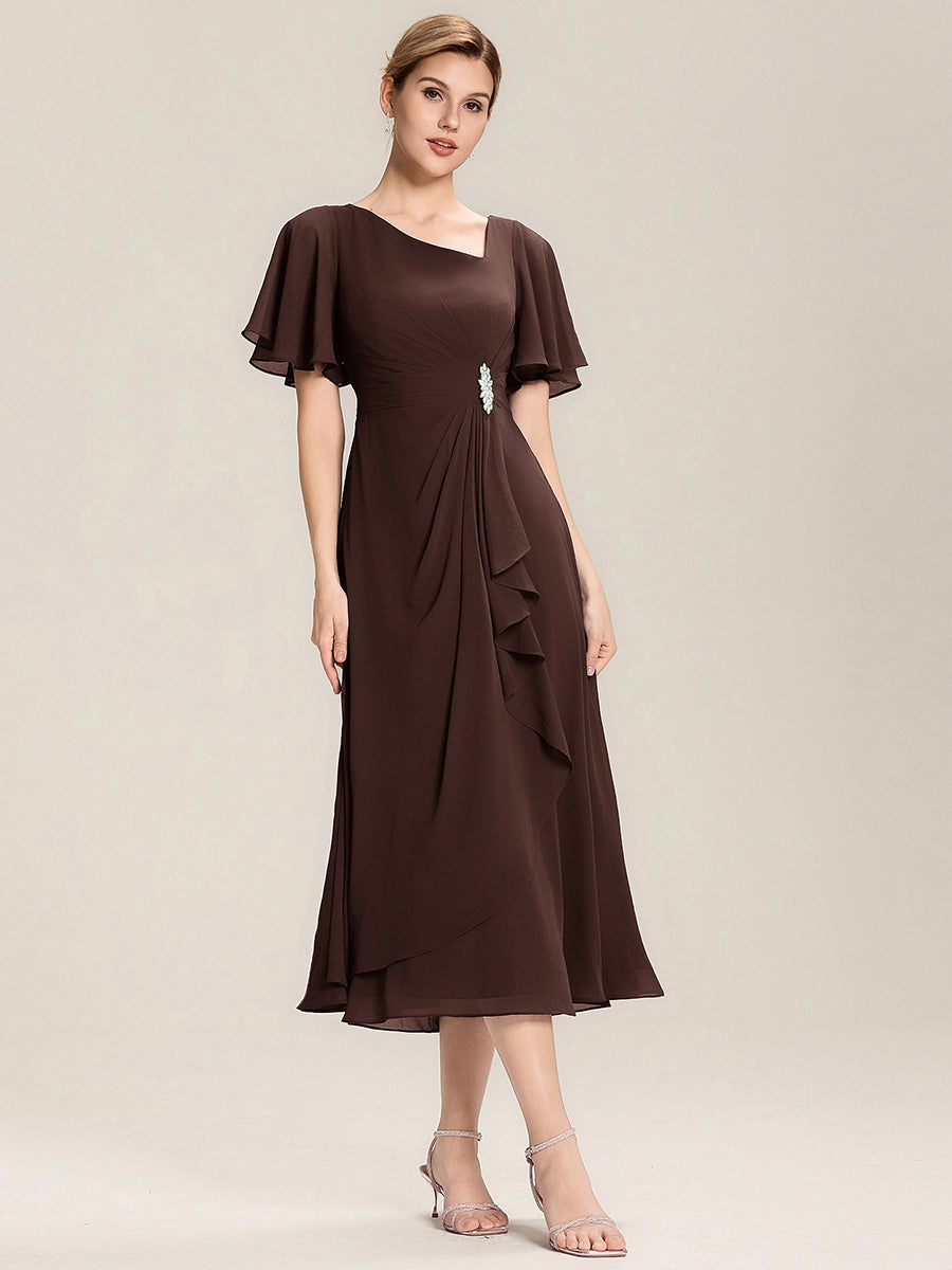 Robe de soirée mi-longue en mousseline de soie à manches courtes #Couleur_Marron chocolat