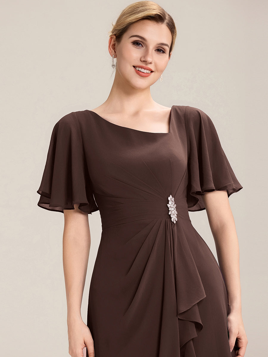 Robe de soirée mi-longue en mousseline de soie à manches courtes #Couleur_Marron chocolat
