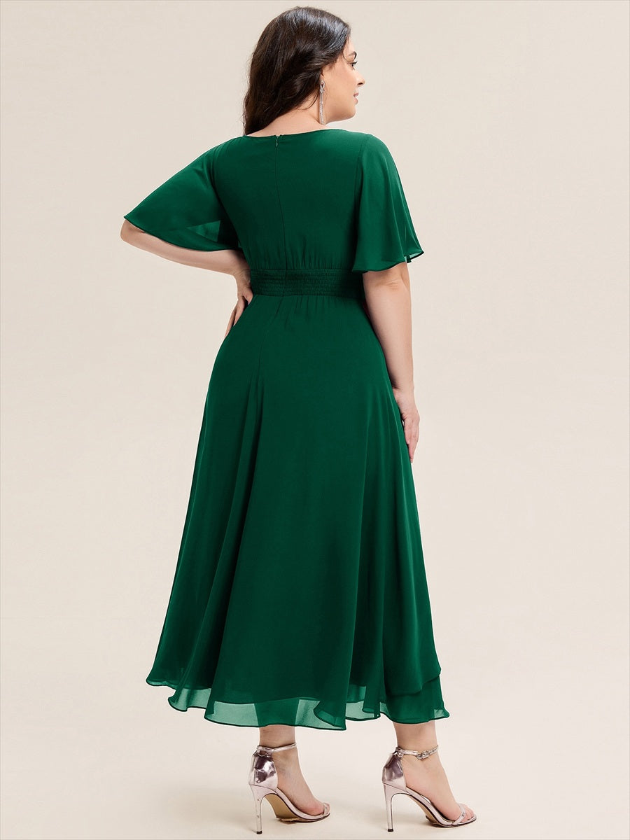 Robe de soirée mi-longue en mousseline de soie à manches courtes #Couleur_Vert Fonce