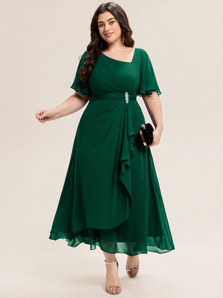 Robe de soirée mi-longue en mousseline de soie à manches courtes #Couleur_Vert Fonce