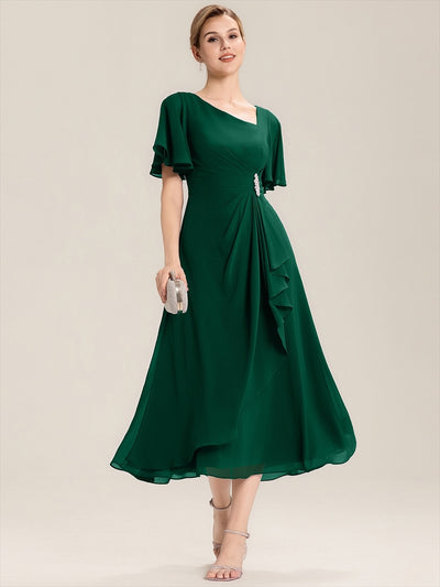 ever LILOU|Robe de soirée mi-longue en mousseline de soie à manches courtes