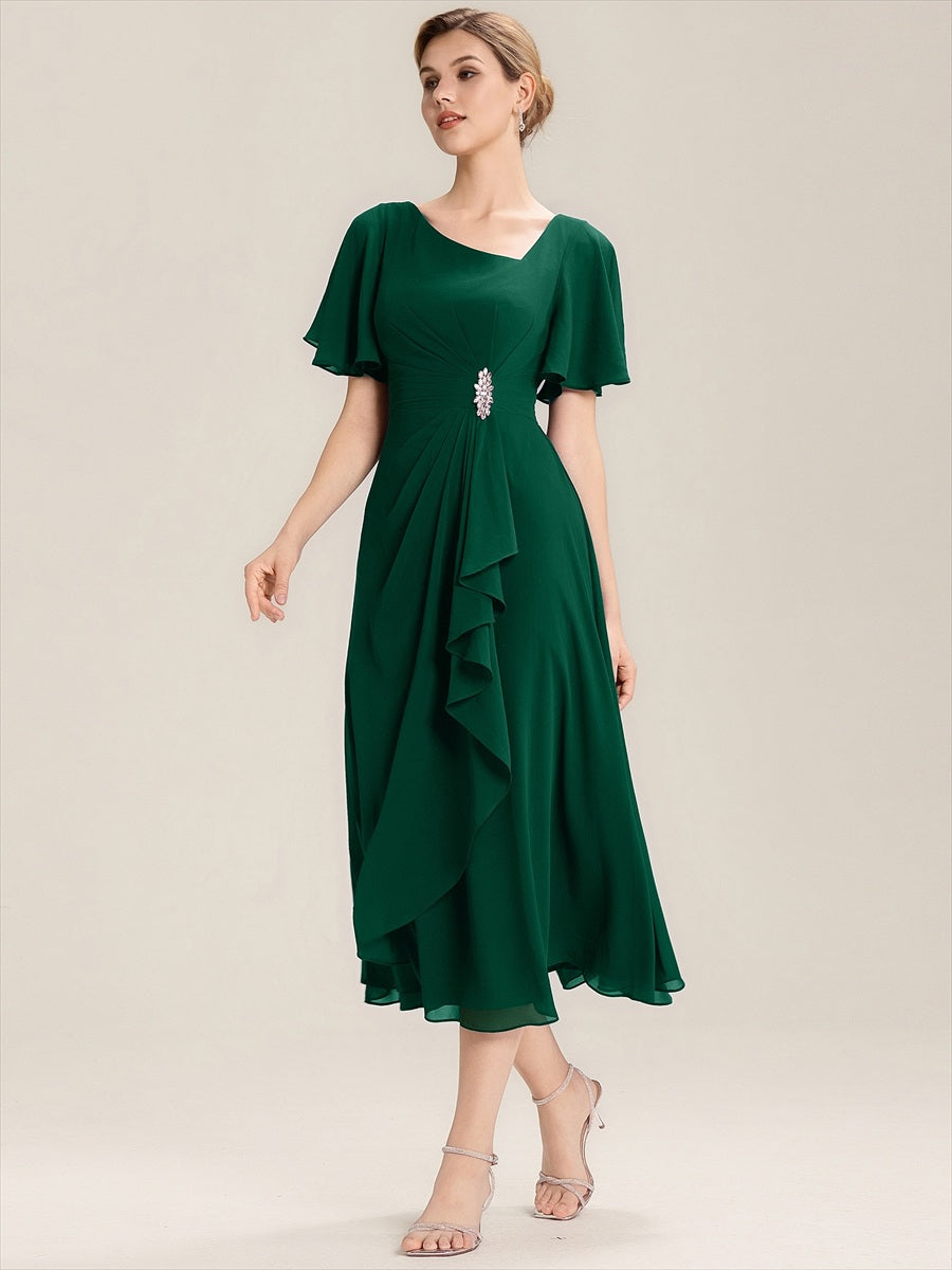 Robe de soirée mi-longue en mousseline de soie à manches courtes #Couleur_Vert Fonce