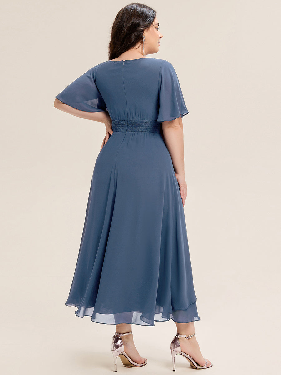 Robe de soirée mi-longue en mousseline de soie à manches courtes #Couleur_Marine Fume