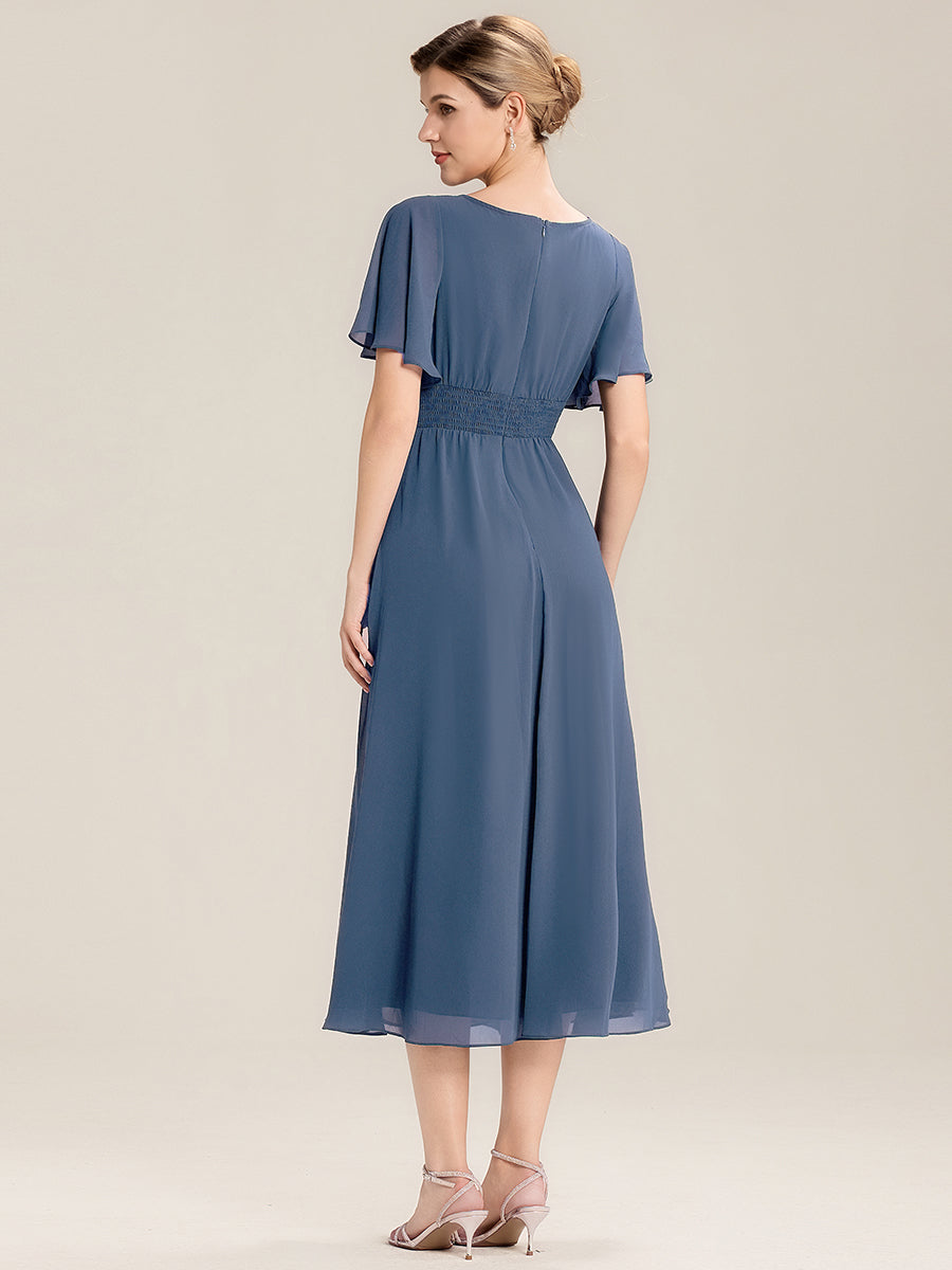 Robe de soirée mi-longue en mousseline de soie à manches courtes #Couleur_Marine Fume