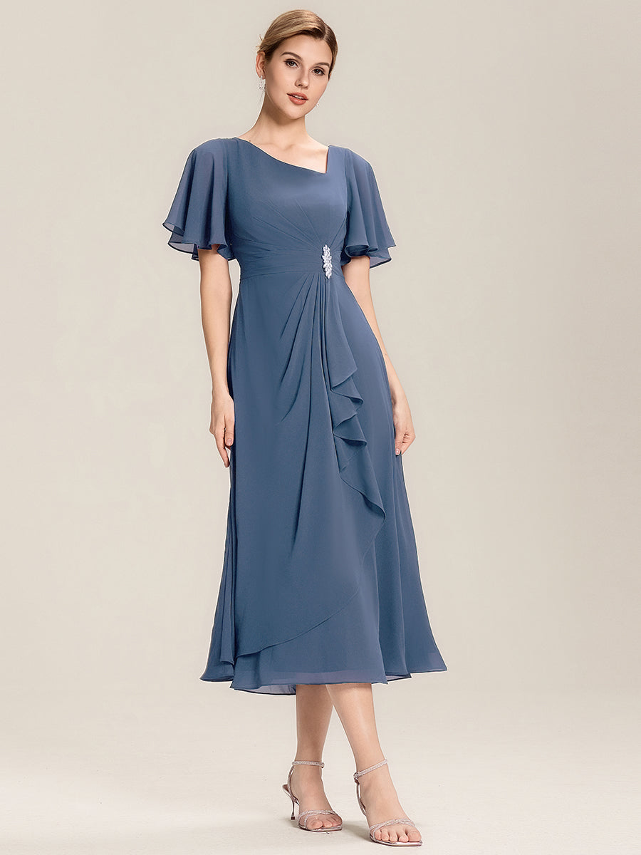 Robe de soirée mi-longue en mousseline de soie à manches courtes #Couleur_Marine Fume