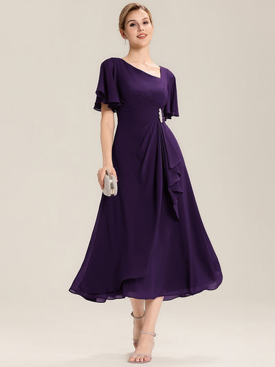 ever LILOU|Robe de soirée mi-longue en mousseline de soie à manches courtes